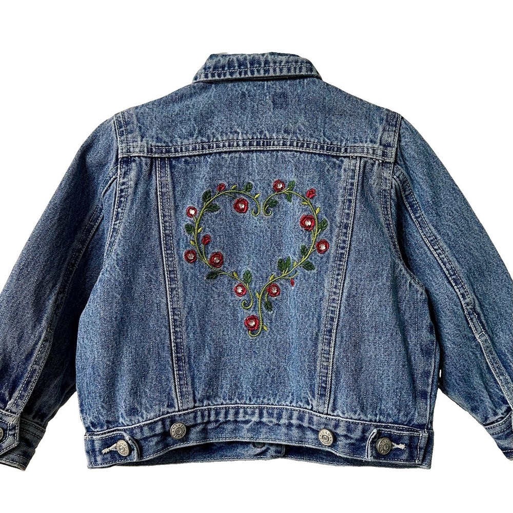 Vintage Childrens Place Toddler Jean Jacket 24M 2T Floral Heart Rhinestone 90s